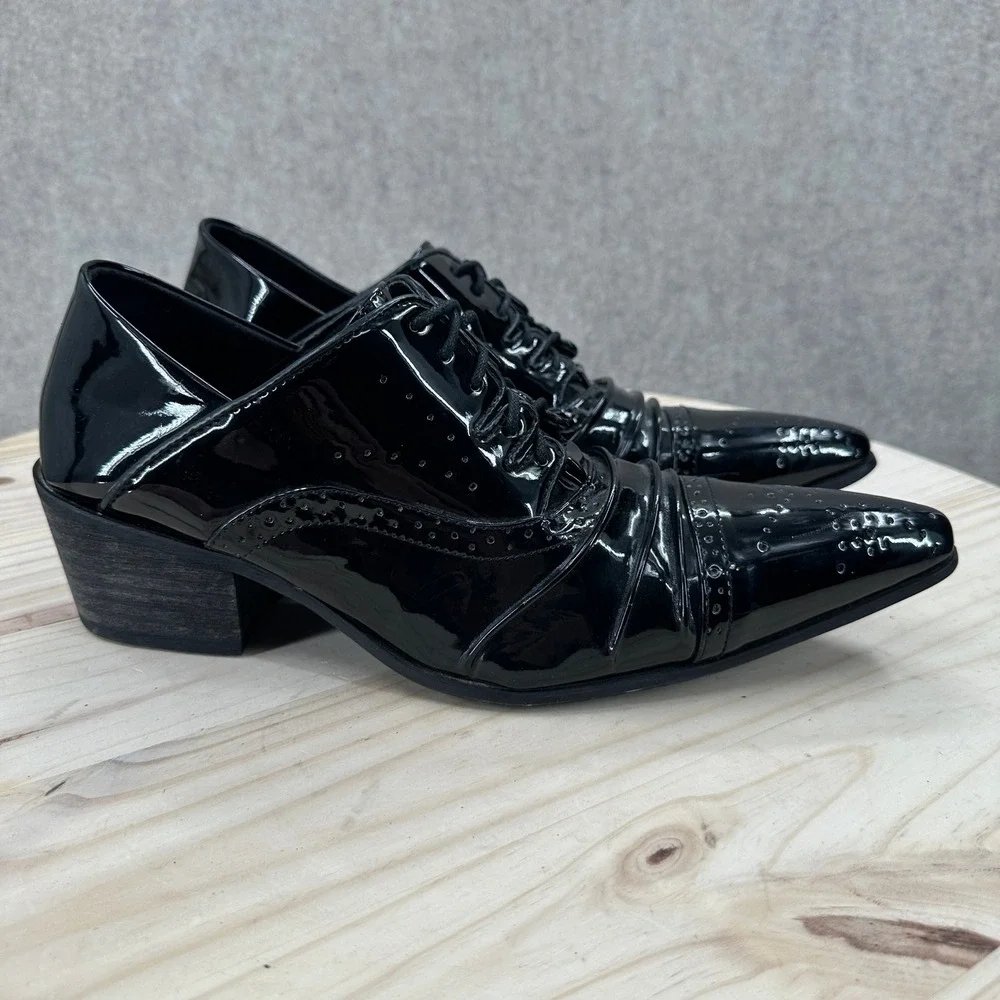 Brogue Heel Shoes Men 9-9.5 Brittish Black Faux Leather Point Toe Pleated Dress